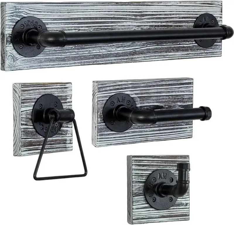 MyGift 4-teiliges Wandmontage-Badezimmer-Set, rustikales Holz und industrielles matt-schwarzes Metallrohr, Handtuchring, Bademantelhaken, Toilettenpapierhalter und Handtuchstange