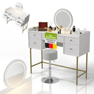 Juskys Schminktisch Samira & Hocker Tonia mit Touch-LED-Spiegel & viel Stauraum, 5 Schubladen – Weiß/Gold
