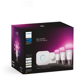 Philips Hue Starter Kit: Bridge + 3 E27 Smarte Glühbirnen + Smart Button, White and Color Ambiance, Smart Light Hub, kompatibel mit Alexa, Google Assistant, Samsung SmartThings, Apple Home