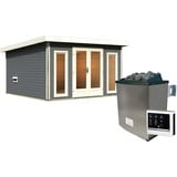 Woodfeeling Karibu Saunahaus Mainburg 3 mit Vorraum - 38 mm terragrau Set A (Sauna B 2 x T 1,7 m mit 2 Liegen 57 cm) 9 kW Ofen inkl. Steuergerät, inkl. 8-teiligem gratis Zubehörpaket (Gesamtwert 191,92€)