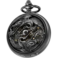 Tiong Mechanische Taschenuhr mit Kette Hohl graviert Vintage Schwarz Steampunk Skelett Männer Taschenuhr Anhänger Männer Geschenke