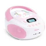 mooov 477407 CD Player für Kinder mit Lautsprechern, USB, Kopfhöreranschluss, AUX-IN-Port - Boombox CD Spieler Tragbar - Netzbetrieb oder Batterien - Modell Einhorn - Rosa/weiß
