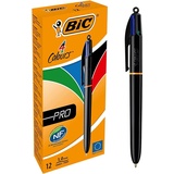 BIC 4 Farben Kugelschreiber Set 4 Colours Pro, mit schwarzem Schaft, 12er Pack, nachfüllbar, Ideal für das Büro, das Home Office oder die Schule