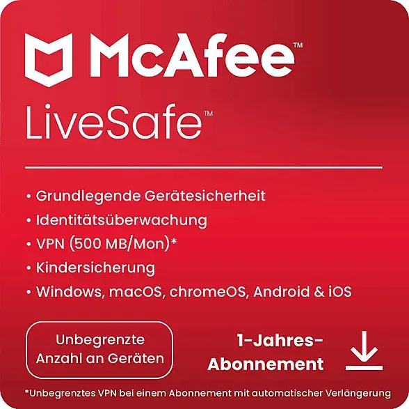 McAfee LiveSafe Attach für alle Geräte in einem Haushalt, 1 Jahr, Download Code - [PC, iOS, Mac, Android]