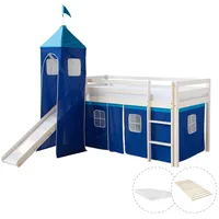 Homestyle4u Hochbett 90x200 mit Vorhang Turm Tunnel Blau, Holz, Kinder- & Jugendzimmer, Kindermöbel, Kinderbetten, Hochbetten