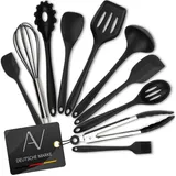 AVANA Silikon Küchenhelfer Set, 10 Stück Küchenutensilien Kochgeschirr Hitzebeständig Kochbesteck Backen Kochen Antihaft Kochzange, Schneebesen, Spachtel, Backpinsel, Pfannenwender - Schwarz