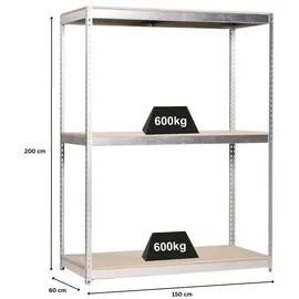 Proregal Schwerlastregal Wood Beast Three HxBxT 200 x 150 x 60 cm 3 Ebenen Fachlast 600 kg Verzinkt