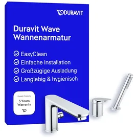 Duravit Wave 3-Loch Wannenarmatur, Einhebel-Wannenmischer mit Keramikmischsystem, Badewannenarmatur, Chrom