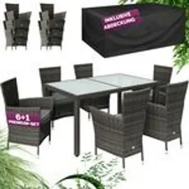 CASARIA Gartenmöbel Set 6 Personen Stühle inkl. 7cm Polster & Abdeckung Tisch 150x90cm Balkonmöbel 160kg Belastbar Wetterfest Polyrattan Stapelbar Terrasse Möbel Grau