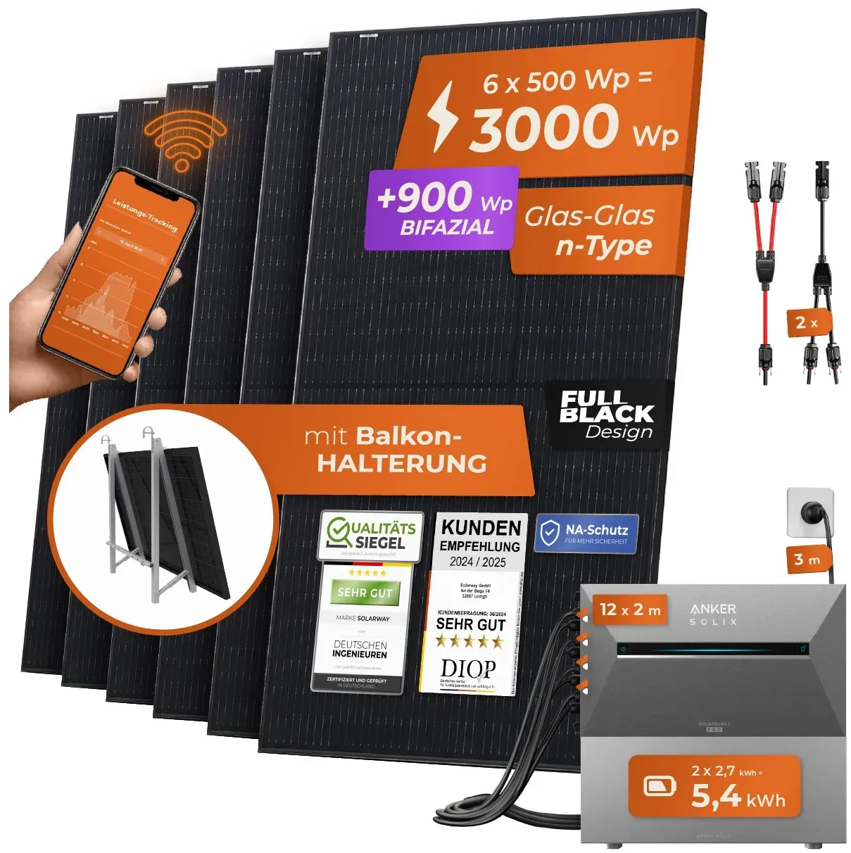 Solarway® All In One Balkonkraftwerk mit Speicher 3000W komplett Steckdose - 5,4 kWh Anker Solix 3 PRO Speicher - Solaranlage Komplettset - 500W bifaziale Solarmodule & Anker Speicher & Zubehör