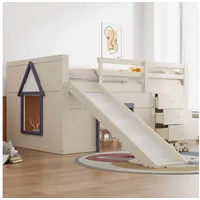 REDOM Hochbett Kinderbett,Funktionsbett,Einzelbett (mit Rutsche, 3 Schubladen & 2 Türen – Robuste Konstruktion aus Massivholz und MDF., 140x200 cm) 145 cm x 204 cm x 108 cm