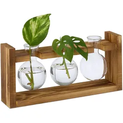 Relaxdays Reagenzglas Vase, runde Glasvasen mit Halterung, Blumen & Pflanzen, HxBxT: 13x28x6,5 cm, transparent/natur