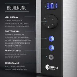 Balter Toaster 4 Scheiben, Langschlitz, Edelstahl, Brötchenaufsatz, LCD Display Restzeitanzeige, Auftaufunktion, Brotzentrierung, Krümelschublad