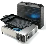 evocamp Gaskocher 1-flammig mit Piezozündung für 227g Gaskartuschen 2,2 kW Leistung – Set mit Grillplatte