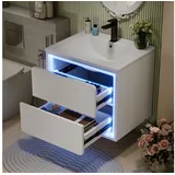 STILVORA Badkommode Badezimmerschrank mit Keramikwaschbecken&LED,Waschbeckenunterschrank (60x46x50cm Wandhängender Badezimmerschrank – LED-Radarsensor-Beleuchtung, Geräuschlose Schubladen, Integriertes Keramikwaschbecken, Weiß, Modernes Design für Badezimmer und Gäste-WC), zwei Schubladen weiß 46 cm x 50 cm x 60 cm