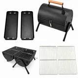 Tragbarer Holzkohlegrill, doppelseitiger Räucherofen mit Schornstein, Außengill mit Holzgriff, 2 Grillroste & 2 Kohlepfannen, für 3-5 Personen, Garten, Camping & Feierlichkeiten
