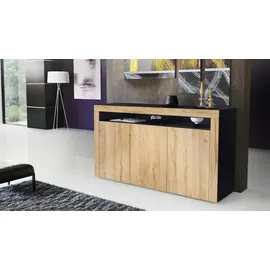 Vladon Sideboard 155 x 92 x 40 cm Schwarz matt / Eiche Natur