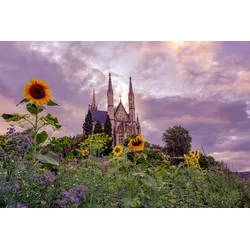 Fototapete PAPERMOON "Kirche im Sonnenblumenfeld", bunt, B:3,50m L:2,60m, Vlies, Tapeten