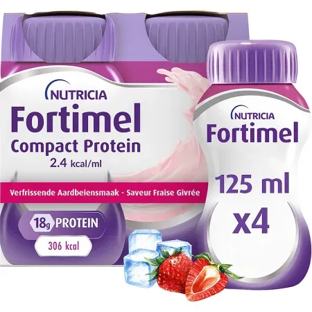Fortimel Compact Protein 2,4kcal Gefrorene Erdbeere Geschmack Flaschen 4x125ml