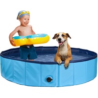 Stabiler Hundepool | Planschbecken für Hunde | Faltbarer Pool mit Ablassventil | rutschfeste Badewanne | Bällebad Kinder | Bälle Bad inkl. Badebürste & Reparaturset - Dog Pool 100x30 (Blue)