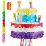 relaxdays Papierdekoration 3-teiliges Pinata Set Geburtstagstorte gelb|lila|rot