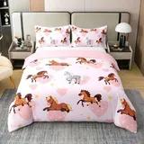 Nettes Galoppierendes Pferd 100% Baumwolle Bettbezug,Bauernhaus Pferd Bettwäsche Set 135x200 für Kinder,Liebe Herz Bett Sets,Rosa Pastell Bettbezug mit 1 Kissenbezug für Schlafzimmer,Kein Tröster