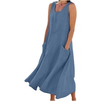 AACH Leinenkleid Damen Sommer Kleid Knielang Freizeitkleid Baumwolle Leinen Strandkleid U-Ausschnitt Sommerkleid Ärmelloses Boho Leinenkleider Einfarbig Strandkleider mit Taschen Kleider - 3XL