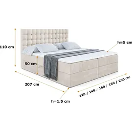 altdecor Boxspringbett mit Matratze und Lattenrost - VIONE - 140x200 cm - Beige Samt - Boxbett, Topper, Polsterbett mit Bettkasten, Bett mit Staura... - Creme