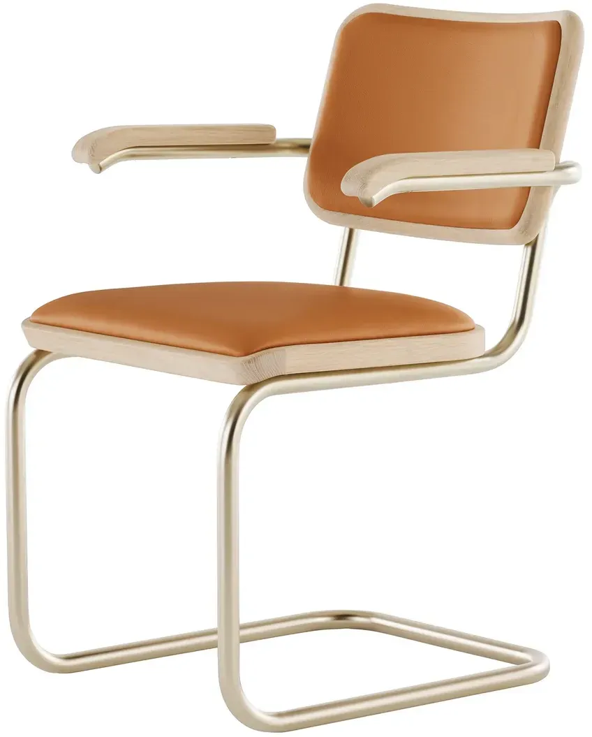 Thonet - JS. THONET a personal Interpretation by Jil Sander S 64 P Nordic Armlehnstuhl, Nickelsilver / Eiche weiß pigmentiert / Leder burnt walnut