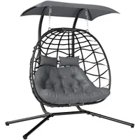 Outsunny Hängesessel mit Gestell faltbar Hängekorb mit Kissen Sonnenschutzdach Polyrattan Hängestuhl für 2 Personen Outdoor Hängeschaukel belastbar bis 260kg Sessel für Balkon Terrasse Dunkelgrau