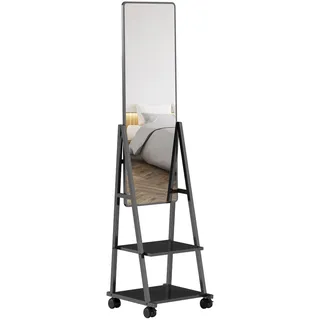 Homcom Ganzkörperspiegel, 42 x 155 cm Standspiegel mit Ablage, Stehspiegel mit Rolle, Bodenspiegel für Schlafzimmer, Wohnzimmer, Schwarz Metall, 42x155x37 Spiegel,