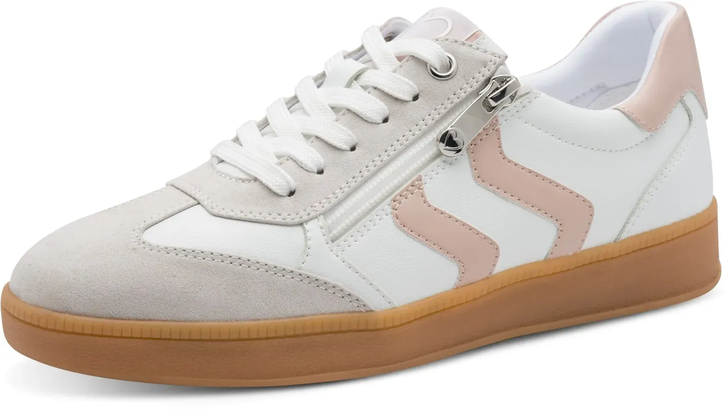 Plateausneaker MARCO TOZZI, Damen, Gr. 37, weiß, rose, Lederimitat, Textil, Veloursleder, unifarben mit Farbeinsatz, Schuhe Plateausneaker, Freizeitschuh, Halbschuh, Schnürschuh mit Kontrastbesatz