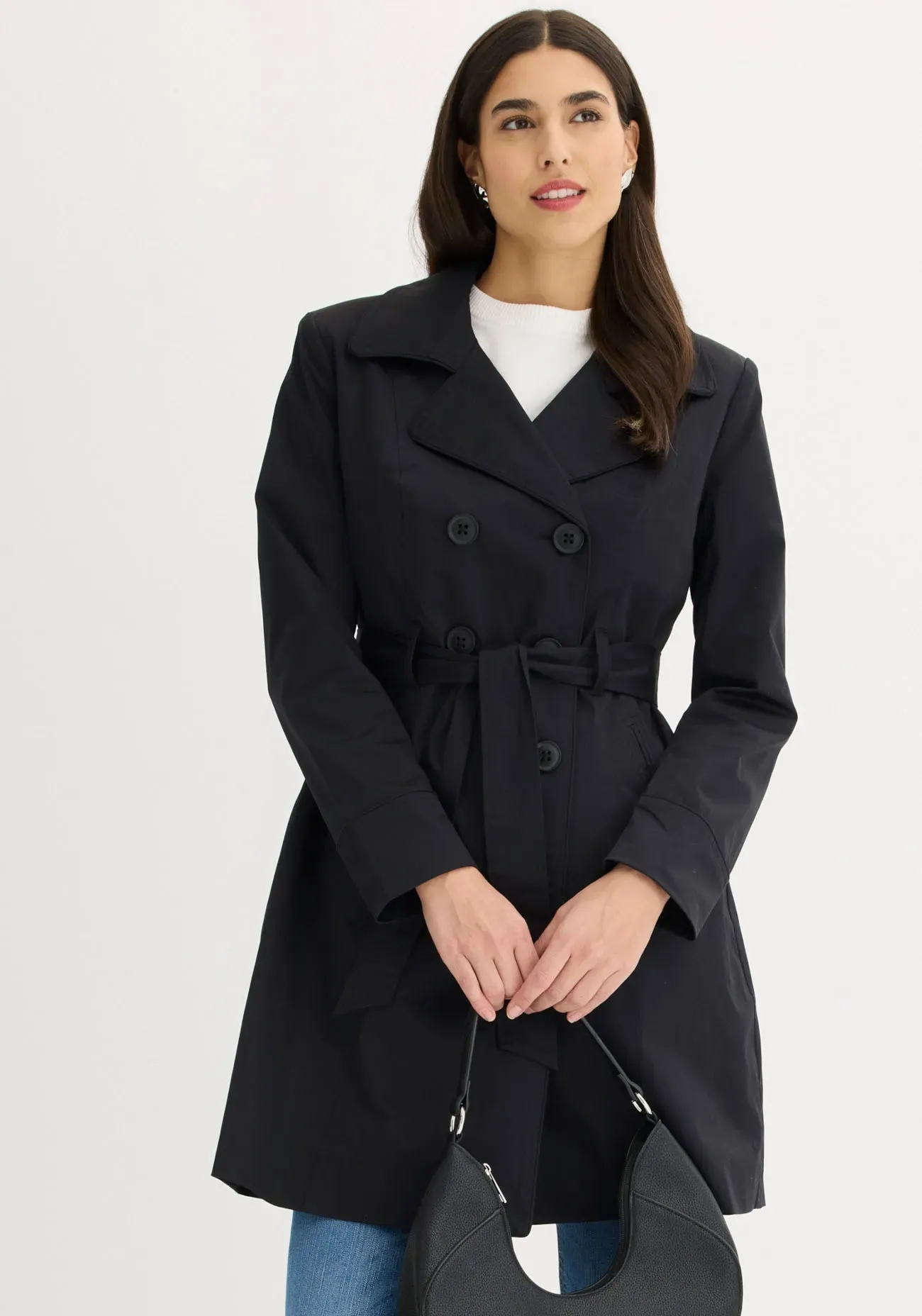 Trenchcoat BONPRIX, Damen, Gr. 44, schwarz, Web, Obermaterial: 97% Baumwolle, 3% Elasthan. Futter: 100% Polyester, unifarben, A-Linie ca. Mitte Oberschenkel, angesetztes Bündchen, Mäntel, mit abnehmbarem Bindegürtel, 2-Reiher