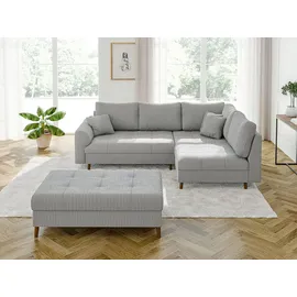 s-style möbel Hocker, Wohnzimmer, Fußhocker 118 x 73 x 40 cm, 2 Sitzer Sofahocker Kratzfest Massivholzfüße Braun Cord Stoff Milo Hellgrau,