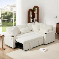 Merax Sofa Ecksofa mit Schlaffunktion, Praktisches Schlafsofa mit Bettkasten, Schlafcouch mit Stauraum, Getränkehalter, USB-Ladeanschluss und Armlehnenablage, für Wohnzimmer/Schlafzimmer, Beige