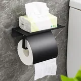 Toilettenpapierhalter Ohne Bohren, Edelstahl Klopapierhalter mit 18cm Ablage Schwarz Selbstklebend or Bohren WC Papier Halterung, Wandmontage Klorollenhalter für Küche und Badzimmer