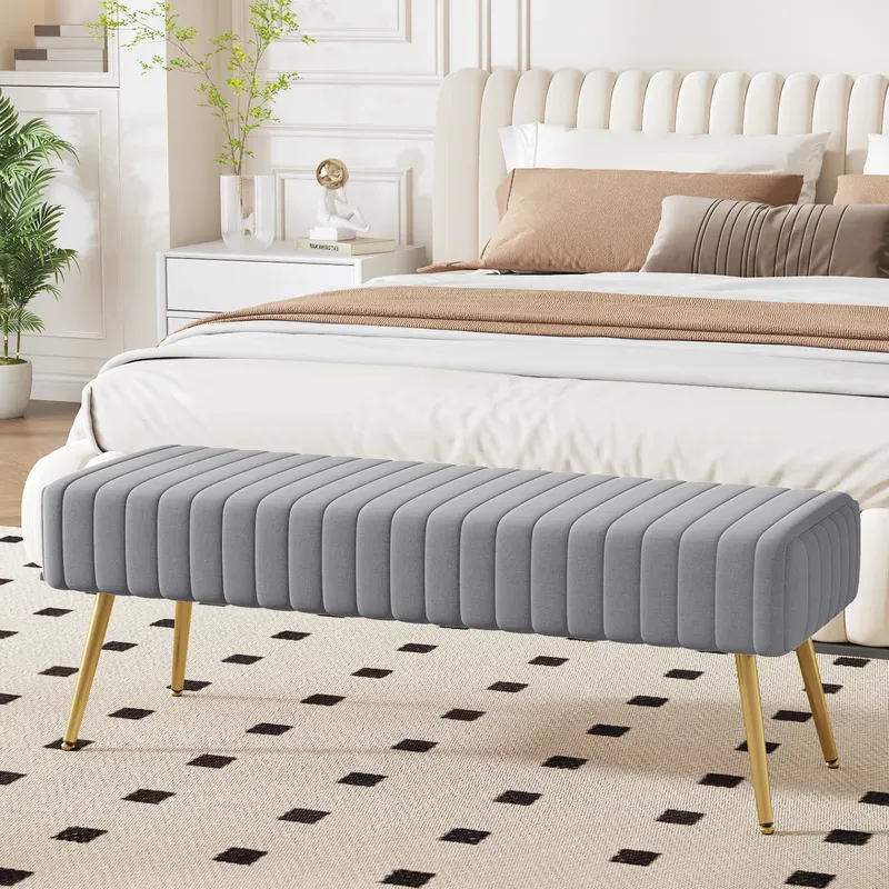 Ckaff Bank für Flur und Schlafzimmer 113,5cm, Esszimmerbank, Bettbank, Flurbank, Fußhocker, gepolsterte Bank, Schminkbank Schuhbank mit Metallbeinen in Samt für Schlafzimmer Wohnzimmer Flur, Grau