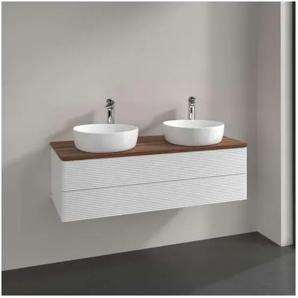 Villeroy und Boch Antao Waschtisch-Unterschrank K24152GF 120x36x50cm, Hahnloch, Waschbeckenplattenfarbe warm walnut, glossy white lacquer