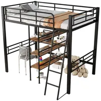 HAUSS SPOLE Hochbett 90x200cm mit Schreibtisch, Regale, Leiter, ohne Matratze, Schwarz (Hochbett,mit Schreibtisch und Regalen, stabiler Eisenrahmen, sichere Leiter, platzsparend für Kinderzimmer, Ohne Matratze, 90x200 cm) ohne Matratze