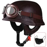 RQTEUYE Deutsche Motorrad Halbhelme, Retro Leder Halbschalenhelm, Vintage Jethelm ECE-Zertifizierung Chopper Helm mit Schutzbrille für Mopeds Cruiser mit Schnellverschlussschnallen