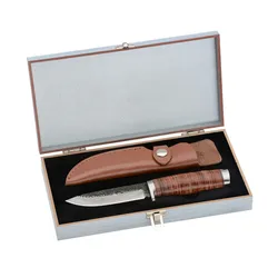 Ganli Handfertiges Gürtelmesser, Jagdmesser mit 10 cm Klinge Damaszenerstahl mit Ledergriff Outdoor-Messer, Sammlerstück