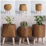 Vintage-blumenregal Aus Imitations-rattan, Handgefertigter Aufbewahrungskorb Mit Holzbeinen, Pflanzenständer, B