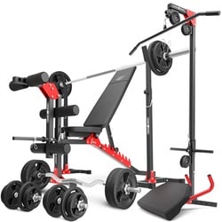 Set MH25_162KG_KIER | verstellbare Hantelbank + Hantelständer MH-S201 + Beintrainer + Latzug + Scott-Bank + Hantelstangen/Hantelscheiben Set 113 kg - Marbo Sport