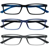 OPULIZE SEE Blaulichtfilter Lesebrille für Damen Herren, Blendfreie UV400-Schutz Federscharnier Anti-Müdigkeit, Rechteckiger Rahmen, Computerbrillen Gaming, 3er-Pack Schwarz Blau Grau +1,00