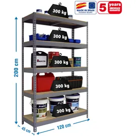 Proregal Schwerlastregal Wood Yeti Light Five HxBxT 200x120x45cm | Fachlast 300kg | Grau