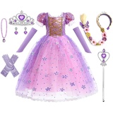 8-Teiliges Set Prinzessin Kleid Mädchen,Karneval Kostüm Mädchen,Kostüm Eiskönigin,mit Zauberstab Kinder,Krone Mädchen, 7 Zubehör,für Weihnachten Verkleidung Karneval Halloween Geburtstag Party(130 cm)