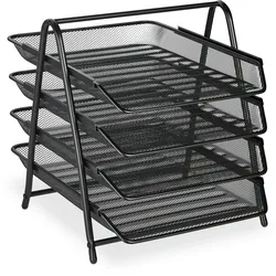 Relaxdays Dokumentenablage, 4 Fächer, Mesh-Metall, Briefablage für A4, HxBxT: 32,5 x 30 x 35,5 cm, Ablagesystem, schwarz