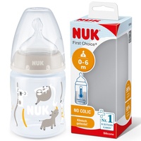 NUK First Choice+ grau, 0–6 Monate | Temperature Control Anzeige | 150 ml | Anti-Colic-Ventil | BPA-frei | Trinksauger aus Silikon | graues Faultier