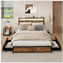 Costway Bettrahmen LED Beleuchtung, Ladestation 4 Schubladen, Doppelbett 200x160cm