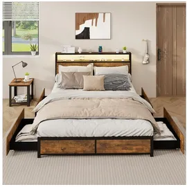 Costway Bettrahmen LED Beleuchtung, Ladestation 4 Schubladen, Doppelbett 200x160cm
